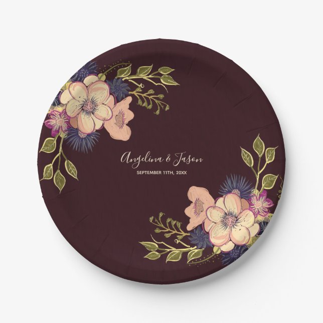 Romantic Floral Burgundy Wedding Paper Plate (Front)