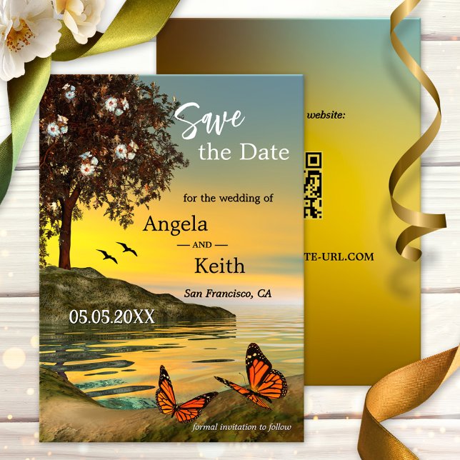 Romantic Floral Butterfly Save the Date Card (Save the Date card featuring a painting of two butterflies in a coastal or lake landscape at sunset)