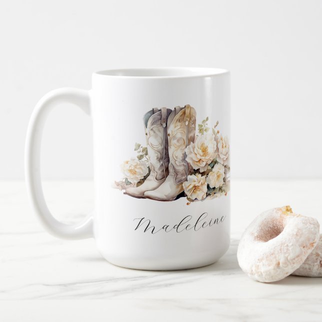 Romantic Floral Cowgirl Boots Peonies Coffee Mug (With Donut)