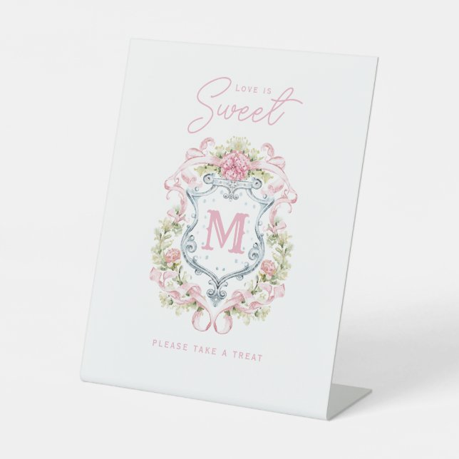 Romantic Floral Crest Monogram | Love is Sweet Pedestal Sign (Front)