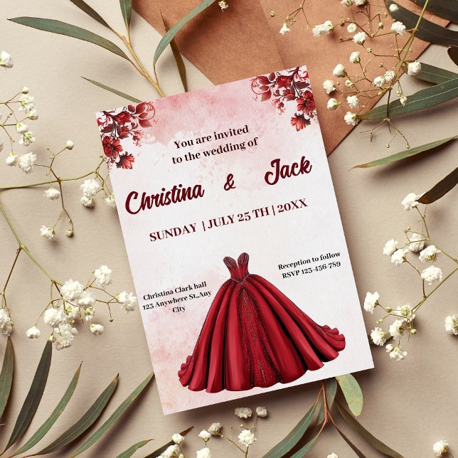 Romantic Floral Design Burgundy Ballgown Wedding  Invitation (Creator Uploaded)