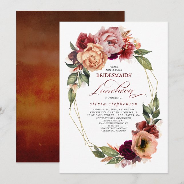 Romantic Floral Earthy Fall Bridesmaids Luncheon Invitation (Front/Back)