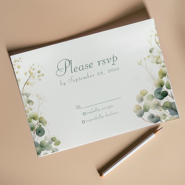 Romantic Floral Eucalyptus Leaves, wedding rsvp Card (This exquisite design features a lush frame of eucalyptus, delicate vines, and silver dollar plants )