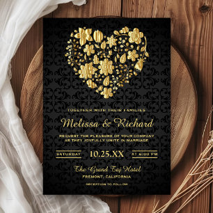 Romantic Floral Faux Gold Heart Wedding Invitation