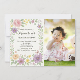 Romantic Floral First Birthday Invitation