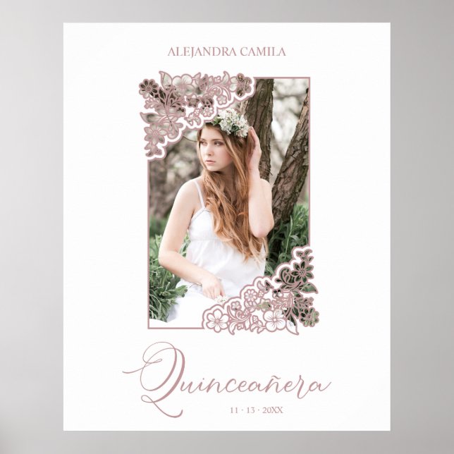 Romantic Floral Frame Photo Quinceañera Spanish Poster (Front)