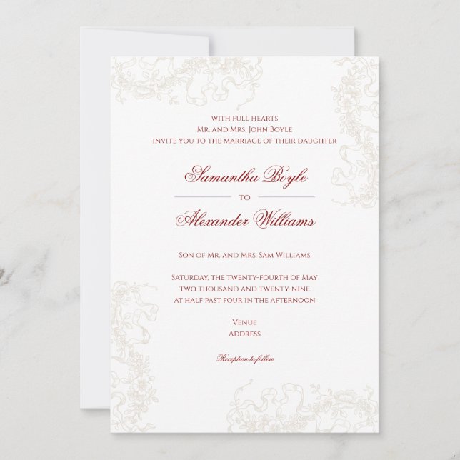 Romantic Floral French Rococo Maroon Wedding Invitation (Front)