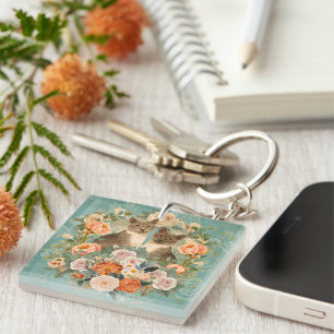 Romantic Floral Garden Cat Cottagecore Botanical Key Ring