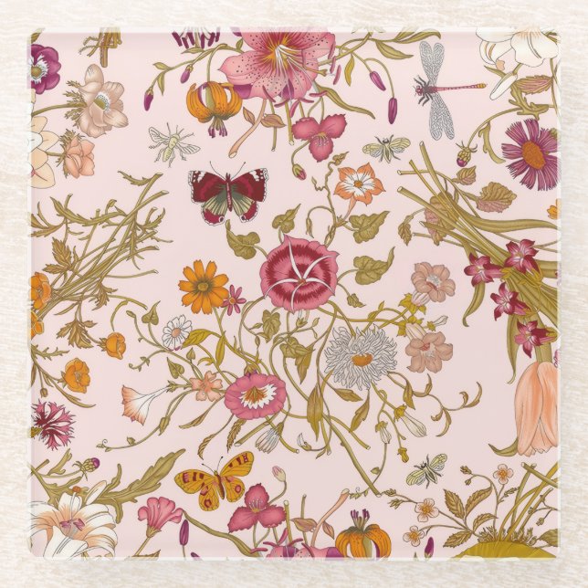 Romantic floral garden glass coaster (Front)