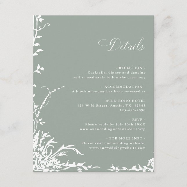 Romantic Floral Garden Wedding Details Sage Green Enclosure Card (Front)