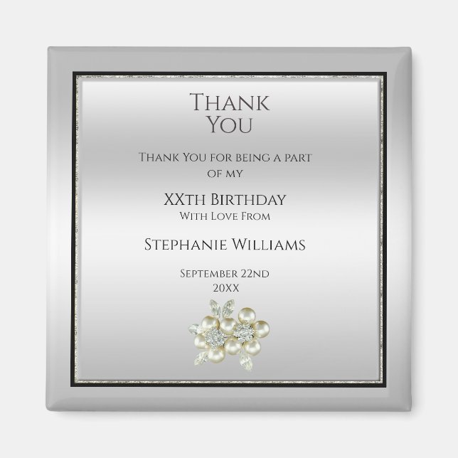 Romantic Floral Gem, Silver & Black Birthday Favou Magnet (Front)