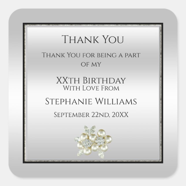 Romantic Floral Gem, Silver & Black Birthday Favou Square Sticker (Front)