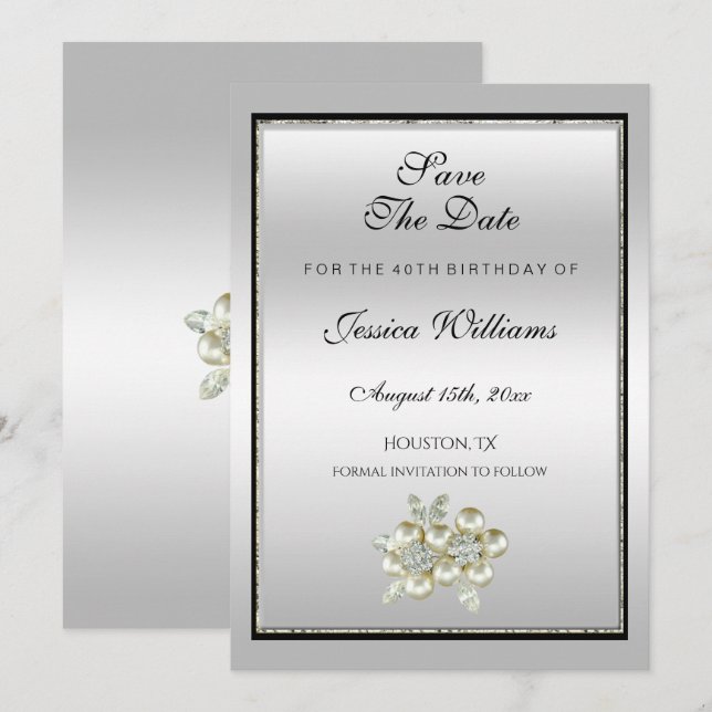 Romantic Floral Gem, Silver & Black  Birthday Save The Date (Front/Back)