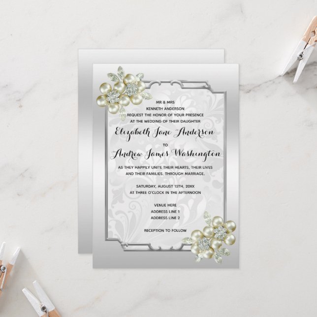 Romantic Floral Gem Silver Framed, Silver Wedding Invitation (Front/Back In Situ)