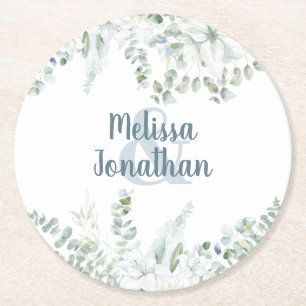 Romantic floral gentle white flowers wedding round paper coaster