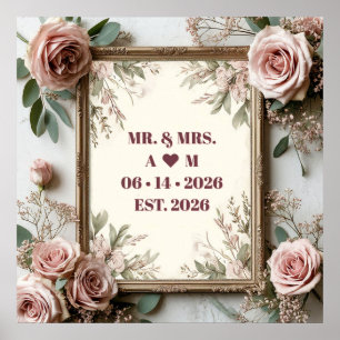 Romantic Floral Gold Frame With Soft Pink Accents Poster