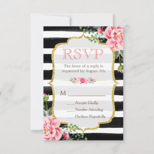 Romantic Floral Gold Glitter B&W Striped RSVP