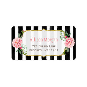 Romantic Floral Gold Glitter Black White Stripes Label
