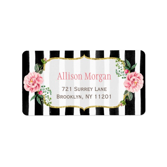 Romantic Floral Gold Glitter Black White Stripes Label (Front)