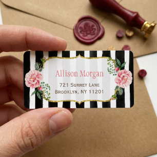 Romantic Floral Gold Glitter Black White Stripes Label