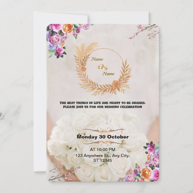 Romantic Floral Gold Wedding Invitation (Front)