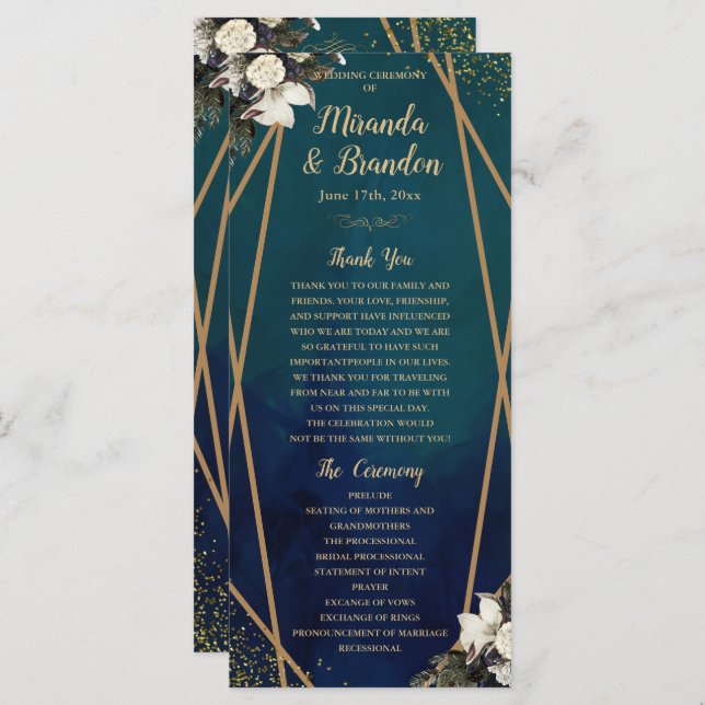 Romantic Floral Gold Wreat Wedding Program Card (Front/Back)