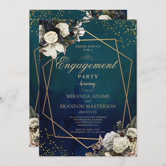 Romantic Floral Gold Wreath Engagement Party Invitation (Front/Back)