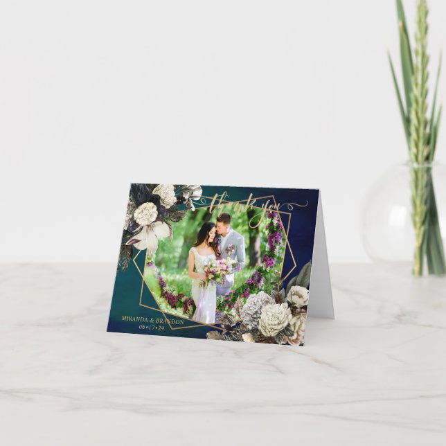 Romantic Floral Gold Wreath Photo Wedding Thank Yo Thank You Card (Front)
