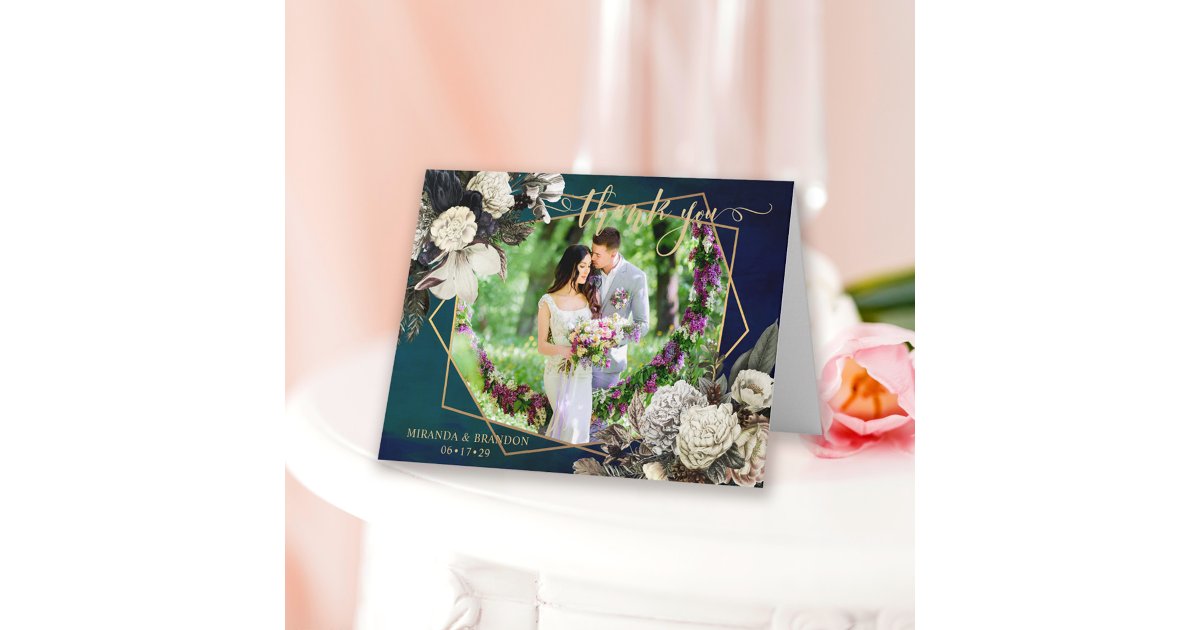 Romantic Floral Gold Wreath Photo Wedding Thank Yo You Card | Zazzle