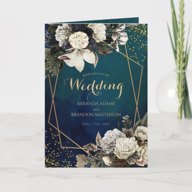 Romantic Floral Gold Wreath Wedding Invitation (Front)