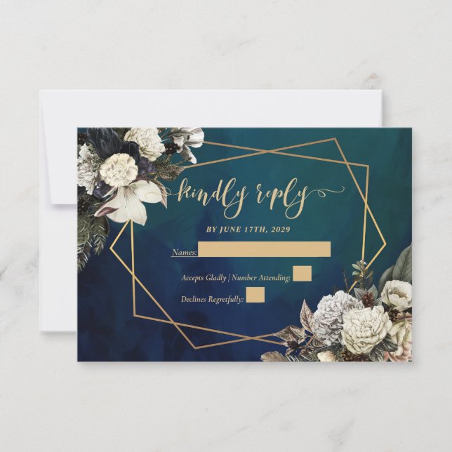Romantic Floral Gold Wreath Wedding RSVP card (Front)
