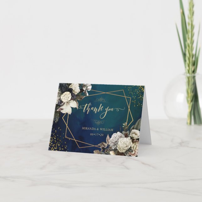 Romantic Floral Gold Wreath Wedding Thank You Card (Front)