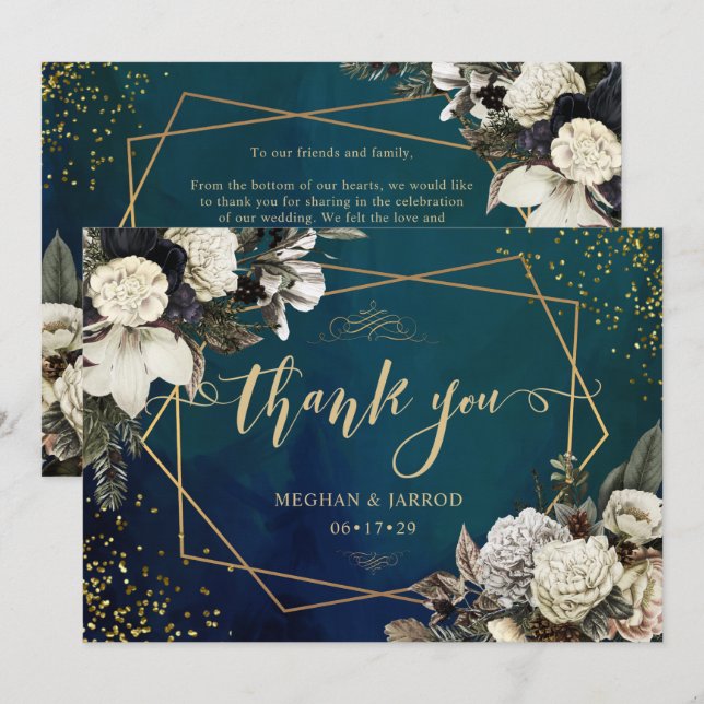 Romantic Floral Gold Wreath Wedding Thank You Card (Front/Back)