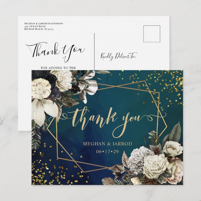Romantic Floral Gold Wreath Wedding Thank You Post Postcard (Front/Back)