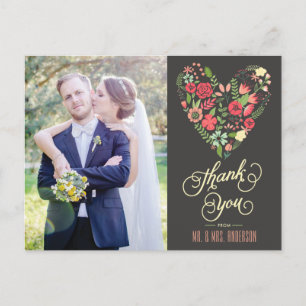 Romantic Floral Heart Photo Thank You Postcard