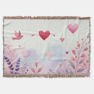 Romantic floral heart pink rose pastel watercolor throw blanket
