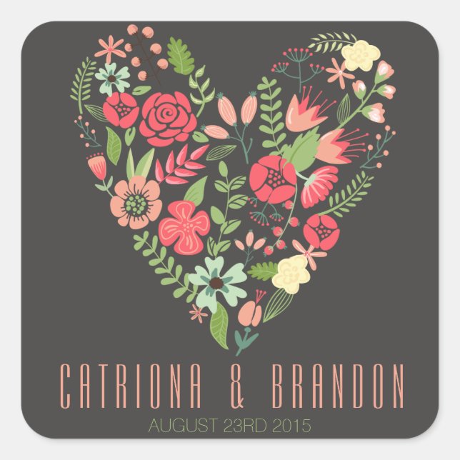 Romantic Floral Heart Wedding Favour Tag Sticker (Front)