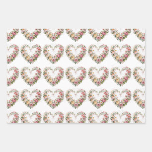 Romantic Floral Hearts, Boho Neon Wolf, Valentine Wrapping Paper Sheet