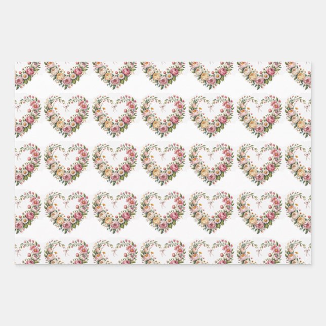 Romantic Floral Hearts, Boho Neon Wolf, Valentine  Wrapping Paper Sheet (Front)