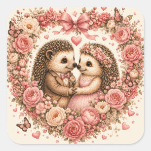 Romantic Floral Hedgehog Couple Watercolor Square Sticker