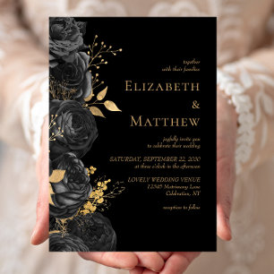 Romantic Floral Jet Black Gold Wedding Invitation