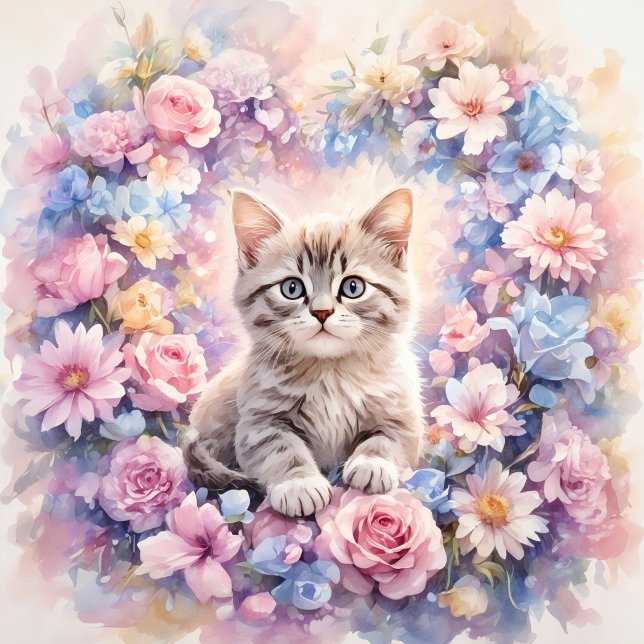 Romantic Floral Kitten Round Throw Pillow (Romantic Floral Kitten Round Throw Pillow)