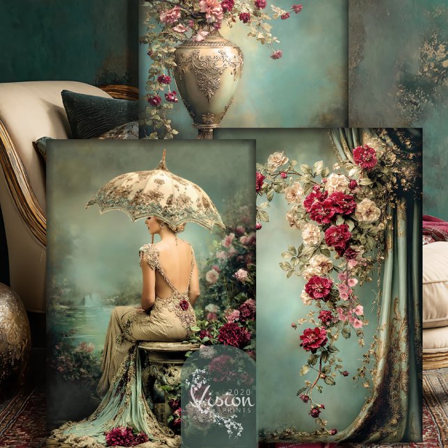 Romantic Floral, Lady & a Parasol, Matching Set Wrapping Paper Sheet (Romantic Floral Sage Green and Crimson Pink, Lady & a Parasol, Matching Heavyweight Decoupage)
