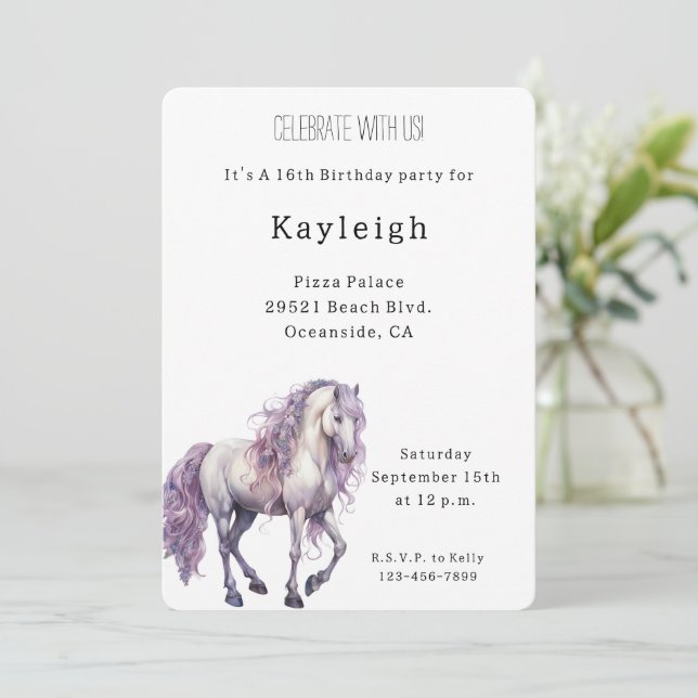 Romantic Floral Lavender White Horse Birthday Invitation (Standing Front)