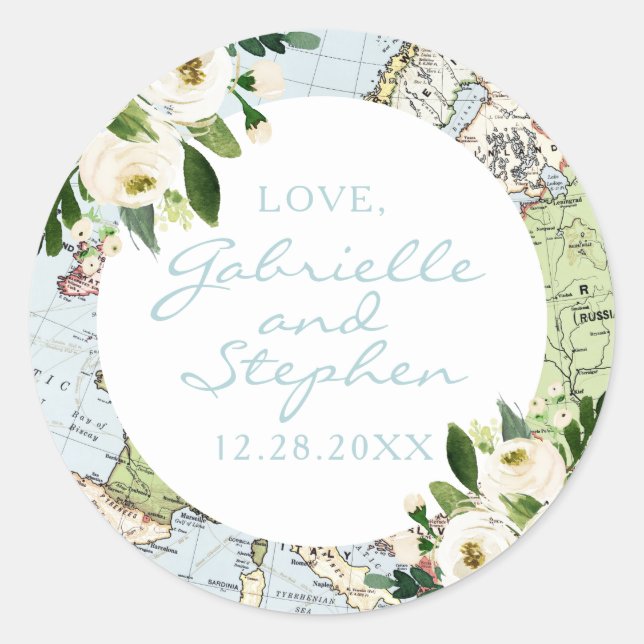 Romantic Floral Map Travel Theme Favour Label (Front)