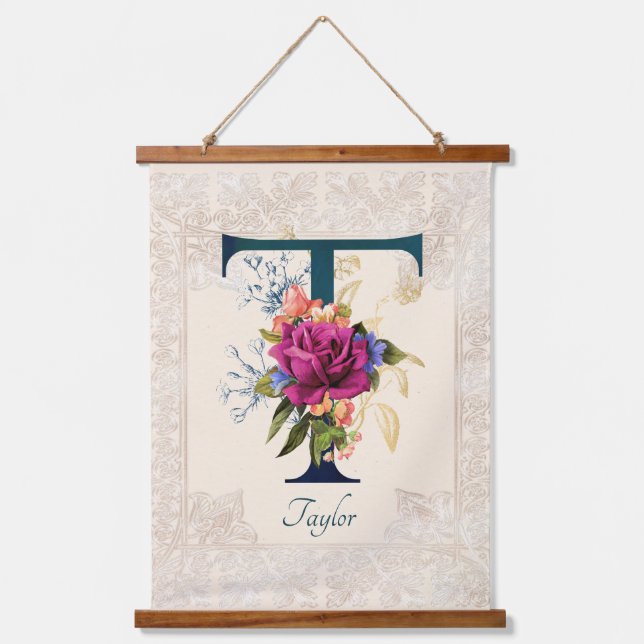 Romantic Floral Monogram Letter T  Hanging Tapestry (Front)