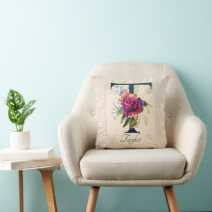 Romantic Floral Monogram Letter T Throw Pillow