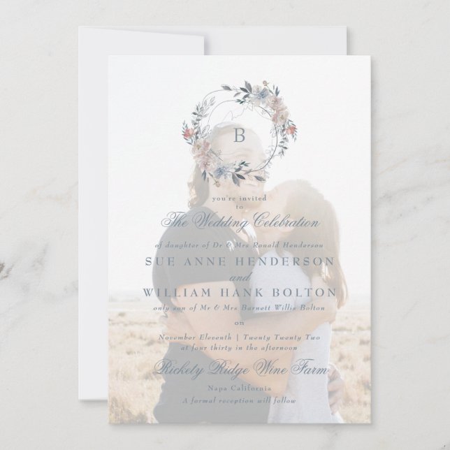 Romantic Floral Monogram Wreath Photo Wedding Invitation (Front)