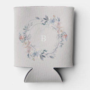 Romantic Floral Monogram Wreath Wedding Can Cooler