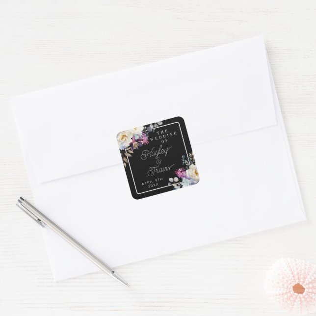 Romantic Floral Moody Dark Flowers Wedding Square Sticker (Envelope)